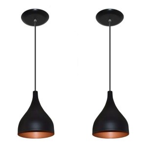 Kit 02 Lustres Luminárias Pendentes - Modelo Funil - Preto com Cobre