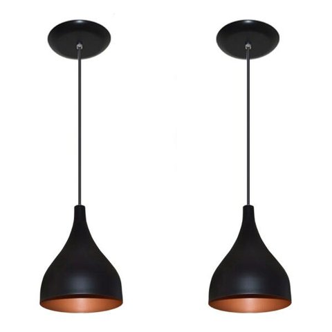 Kit 02 Lustres Luminárias Pendentes - Modelo Funil - Preto com Cobre