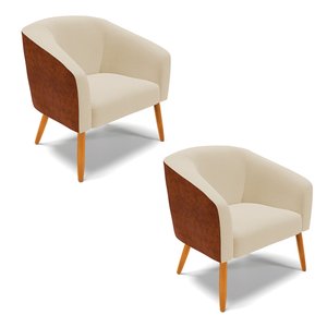 Kit 02 Poltronas Stella Corano Nozes com Linho Areia A27 Pés Palito Castanho - D'rossi