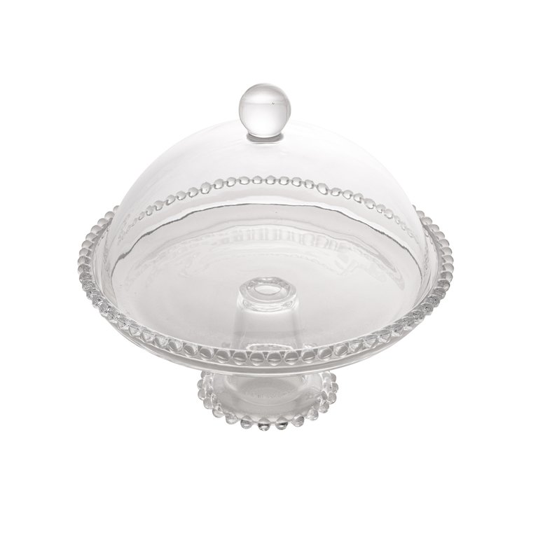 Prato P/Bolo C/Pé e Tampa Cristal Pearl Bolinha Transparente 20cm Wolff