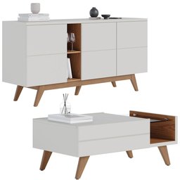 Kit Aparador Buffet Íris 03 Portas Com Mesa De Centro Meira C04 Off White Matte Freijó - Lyam - 1