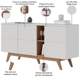 Kit Aparador Buffet Íris 03 Portas Com Mesa De Centro Meira C04 Off White Matte Freijó - Lyam - 6