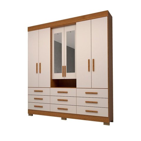 Guarda Roupa Casal 100% Mdf 6 Portas 9 Gavetas com Espelho Débora Acp Móveis Cinamomo/off White