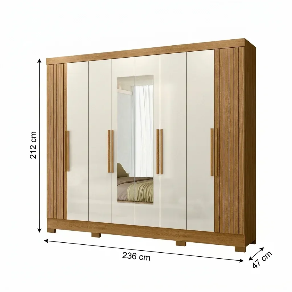 Ver imagem 3 de Guarda-Roupa Casal Frisado 8 Portas 4 Gavetas com Espelhos e Pés Diplomata Freijó/Off White