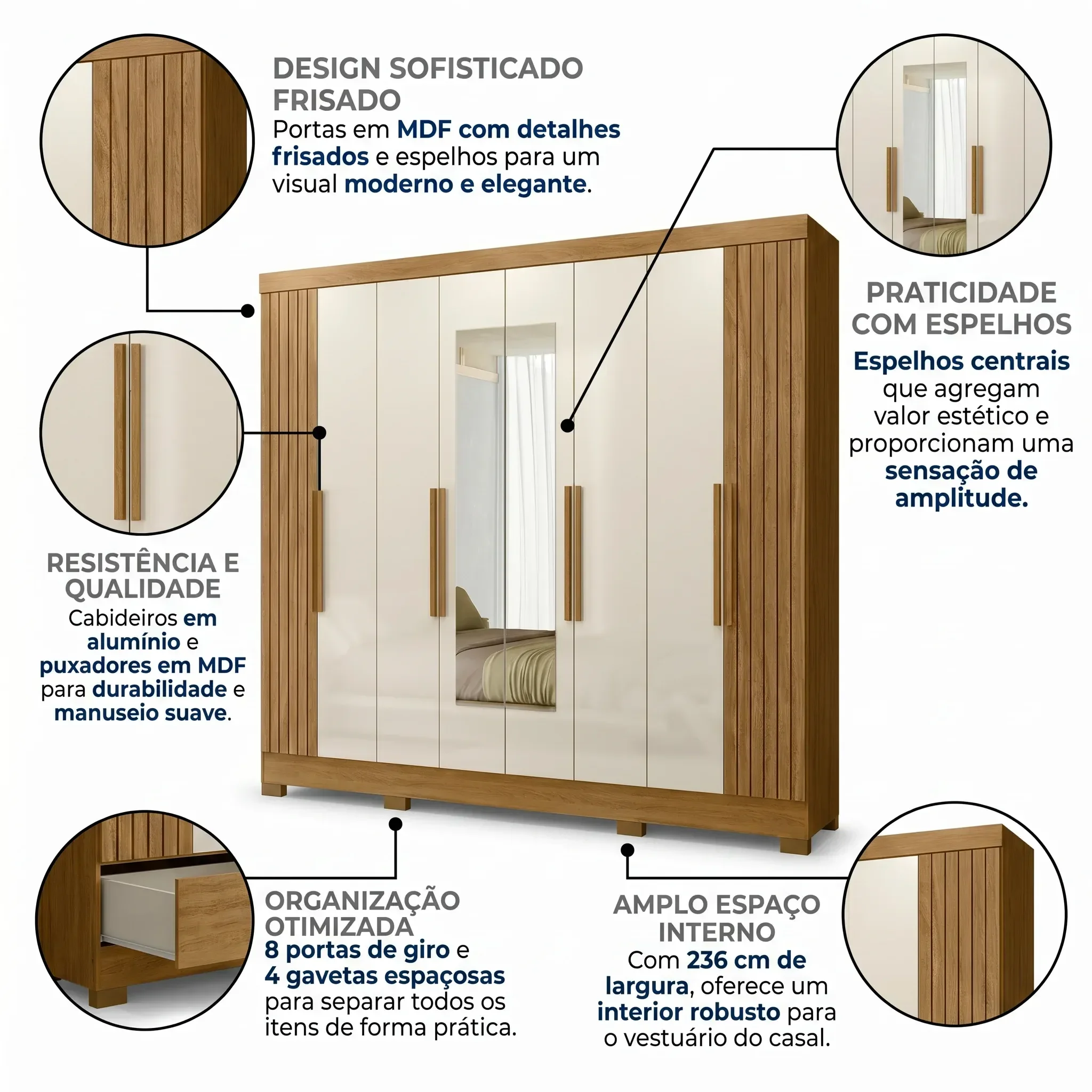 Ver imagem 5 de Guarda-Roupa Casal Frisado 8 Portas 4 Gavetas com Espelhos e Pés Diplomata Freijó/Off White