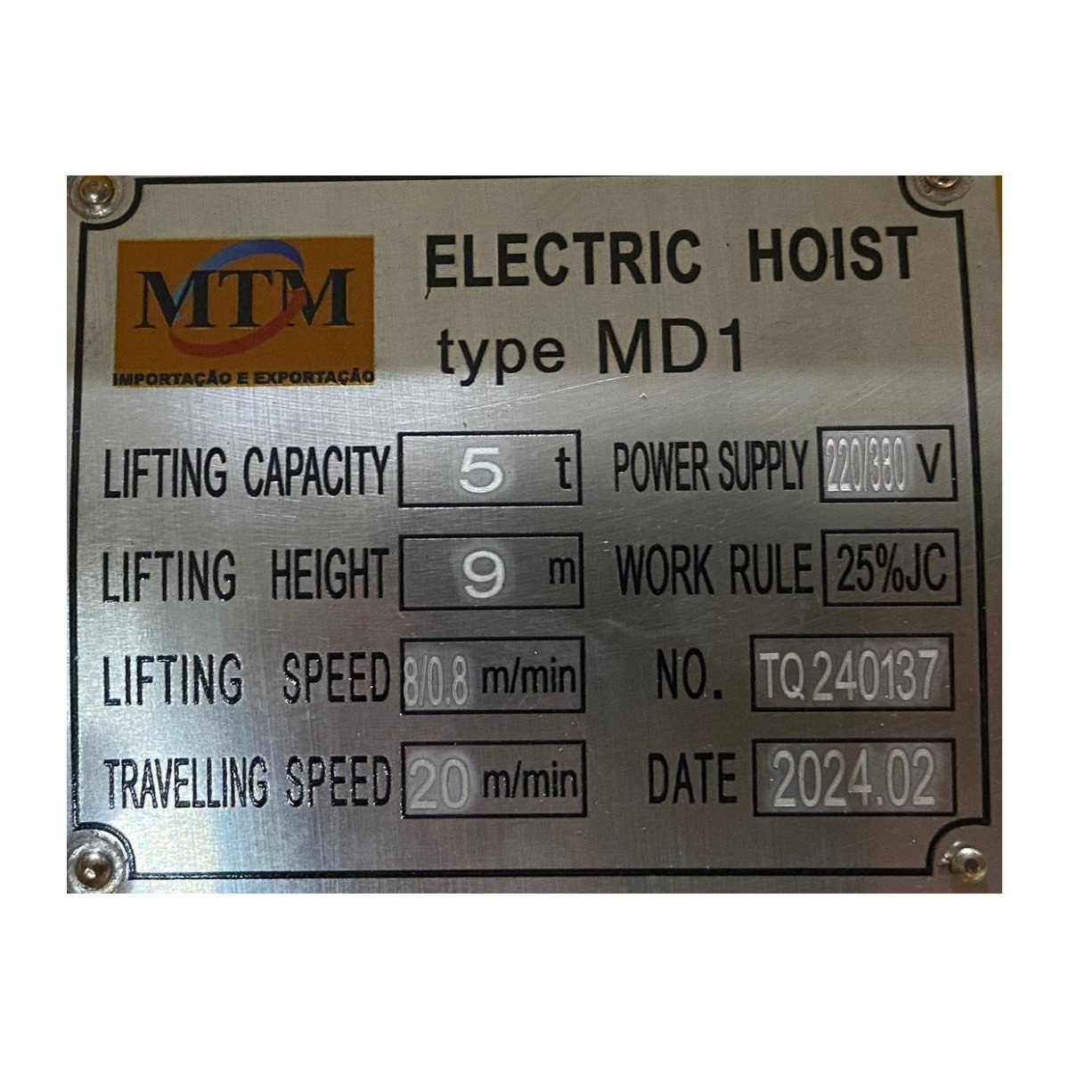 Talha Elétrica 5 Toneladas com Troller , Cabo de Aço 9 Metros, 220/380v, Dupla Velocidade Md1 Mtm - 2