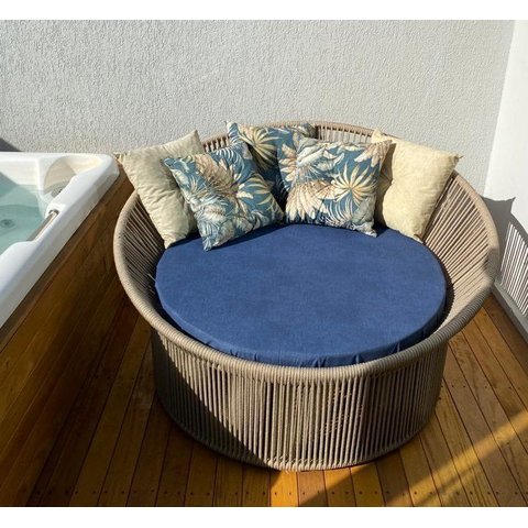 Chaise Palmeira Taça em Corda Nática Bege - Tecido Lisato Marinho