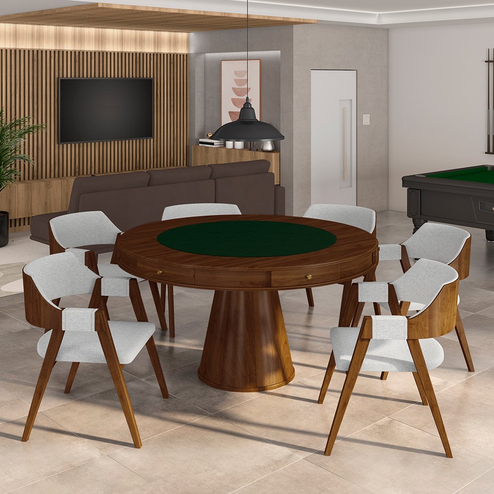 Conjunto Mesa de Jogos Carteado Bellagio Tampo Reversível Verde e 6 Cadeiras Madeira Poker Base Cone - 1