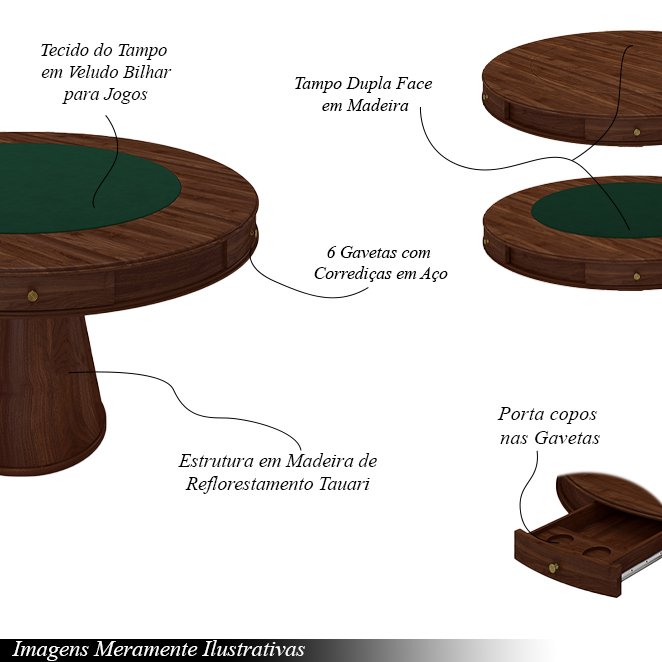 Conjunto Mesa de Jogos Carteado Bellagio Tampo Reversível Verde e 6 Cadeiras Madeira Poker Base Cone - 4