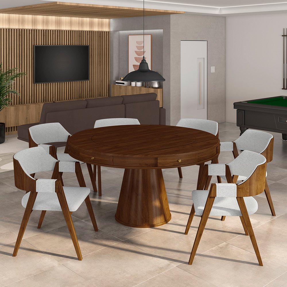 Conjunto Mesa de Jogos Carteado Bellagio Tampo Reversível Verde e 6 Cadeiras Madeira Poker Base Cone - 8
