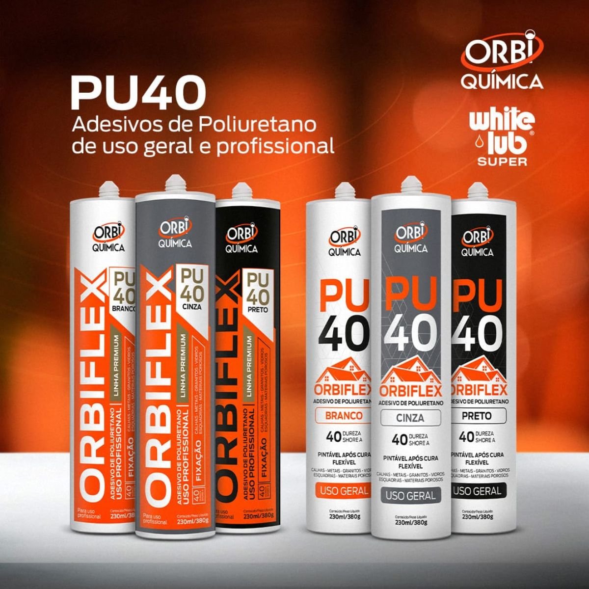 Kit 6 Cola Pu 40 Flex Silicone Selante 380g Orbi Preto - 4