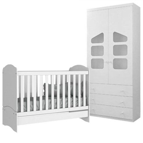 Berço Mini Cama Pirulito 2x1 + Roupeiro Algodão Doce Infantil MDF Branco - Bela Móveis