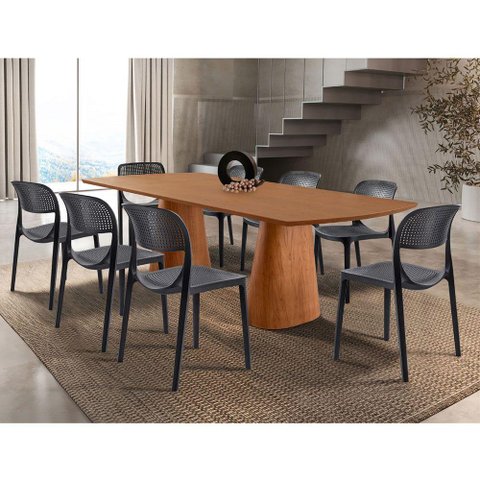 Conjunto Mesa Noronha 220cm Madeira com 8 Cadeiras Zoe Cinamomo Imbuia/preta