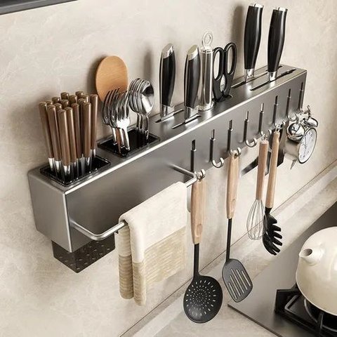 Prateleira Organizador de Cozinha 51cm Aço Suporte de Parede Utensílios Porta Talher Faca 8 Gancho
