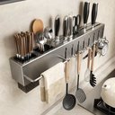 Ver imagem 1 de Prateleira Organizador de Cozinha 51cm Aço Suporte de Parede Utensílios Porta Talher Faca 8 Gancho