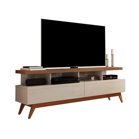 Rack Bancada para Sala de Estar com 2 Gavetas e Pé em Madeira Off White / Freijó