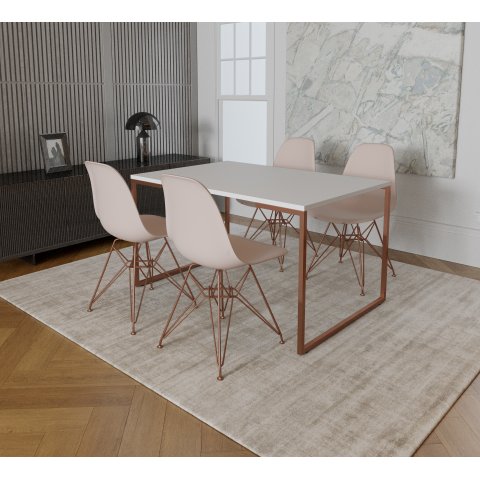 Mesa Industrial Base Ferro Cobre Tampo 137x90 Branco 4 Cadeiras Eames Ferro Cobre Assento Branco