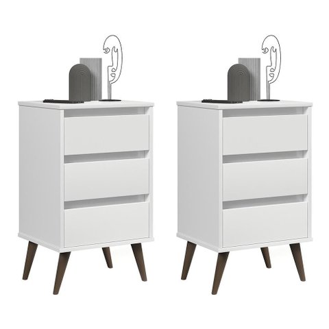 Kit 2 Mesa de Cabeceira Retrô Wood 3 Gavetas Branco – EJ Móveis