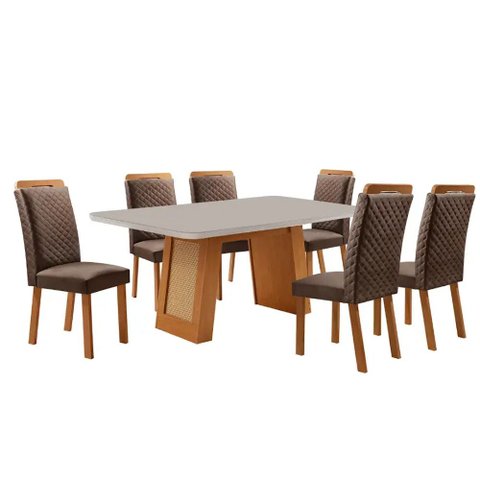 Mesa de Jantar Carolina 180cm Tampo MDF Vidro Canto Copo com 6 Cadeiras Lorena Moderna Mobília