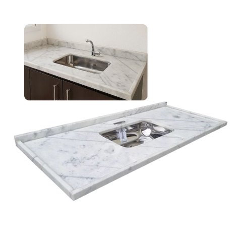 Pia de Cozinha Mármore Branco 200cm Cuba Rasa Inox Simples: Branco