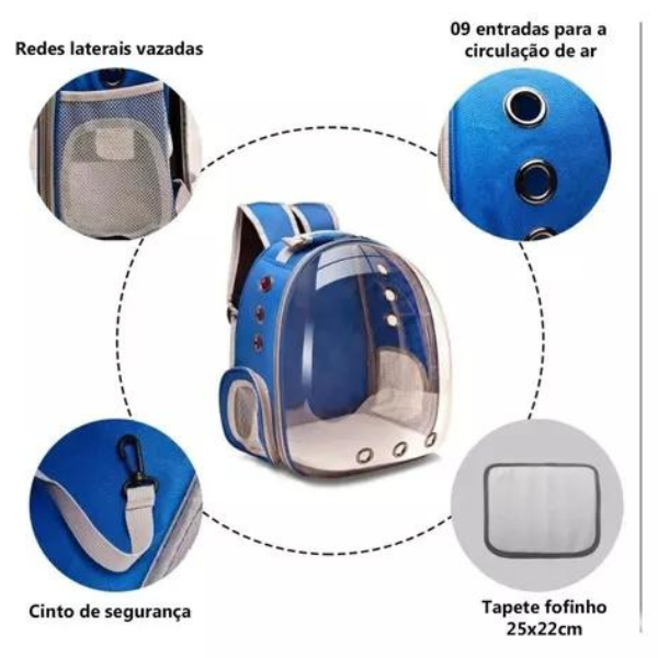 Mochila Pet Transporte Cães Gato Visão 360 Panorâmica Passeio Confortável: Cor:azul - 5