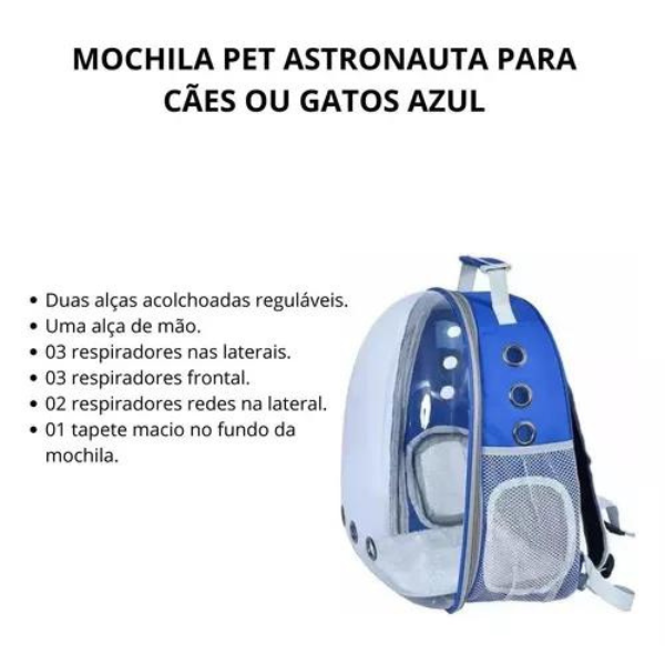 Mochila Pet Transporte Cães Gato Visão 360 Panorâmica Passeio Confortável: Cor:azul - 6