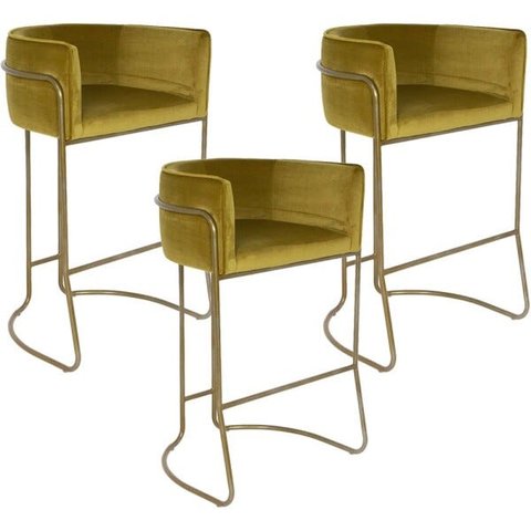 Kit 03 Banquetas Decorativa Fixa Base de Aço Bronze Betina D02 Veludo Mostarda B-260 - Lyam Decor