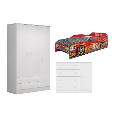 Jogo Infantil 3 Peças Guarda-Roupa Cômoda e Cama Car - Big Shops