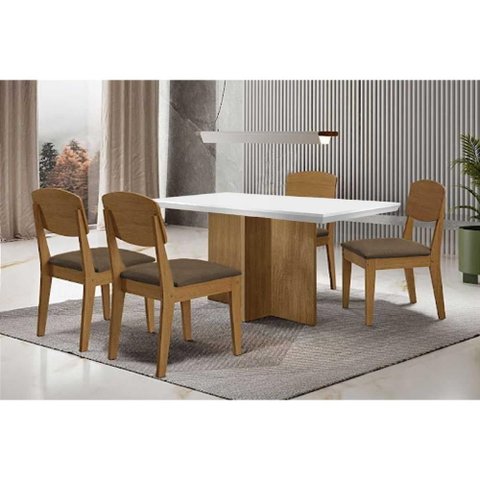 Conjunto: Mesa de Cozinha Berlim Curvo 120cm + 4 Cadeiras Havana Naturale/Off White - Suede Marrom