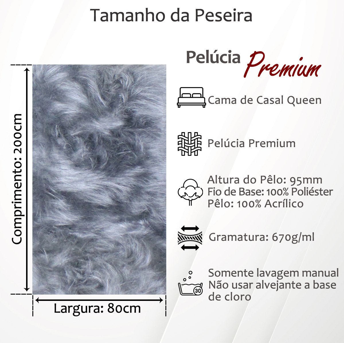 Peseira Premium Pelúcia Pelo Alto Para Cama Casal Comum e Cama Casal Queen Size 2mx80cm: Branco - 4