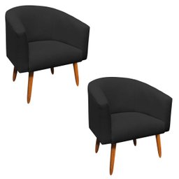 Kit 2 Poltronas Stella Linho Preto A79 Pés Palito Castanho - D'rossi - 1