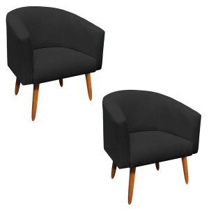 Kit 2 Poltronas Stella Linho Preto A79 Pés Palito Castanho - D'rossi