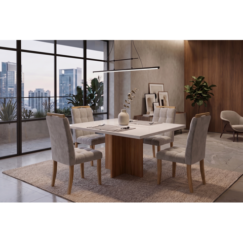 Sala de Jantar Loas Angeles 90cm c/Vidro com 4 Cadeiras Madeira Maciça Londres Cinamomo/Off Veludo P