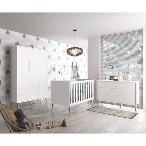 Jogo de Quarto para Bebê Completo 3 Portas Théo New Branco Fosco com Natural - MoveisAqui