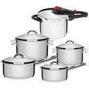 Ver imagem 1 de Kit Jogo de Panelas Tramontina Solar Aço Inox Fundo Triplo 4 Peças + Panela de Pressão 6 Litros