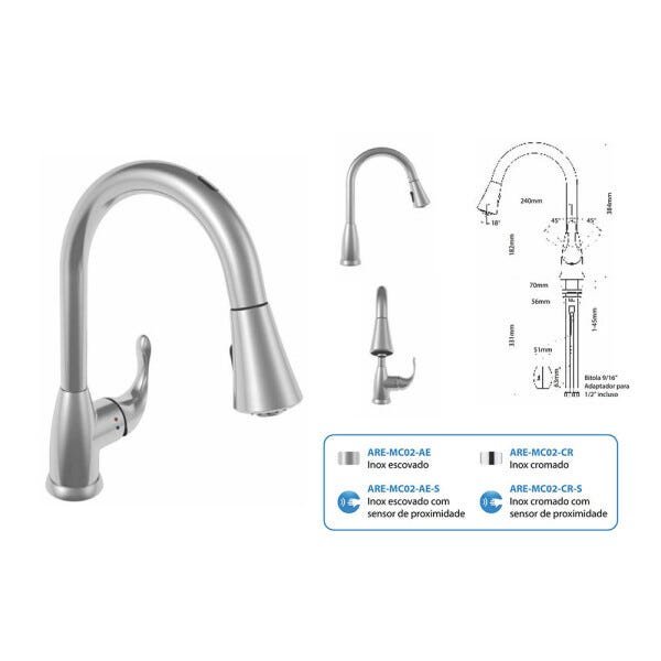 Torneira AREMC02 com Sensor Misturador De Cozinha 2 Jatos Com Bica Móvel e Retrátil Escovado - 12