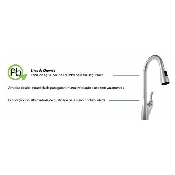 Torneira AREMC02 com Sensor Misturador De Cozinha 2 Jatos Com Bica Móvel e Retrátil Escovado - 8