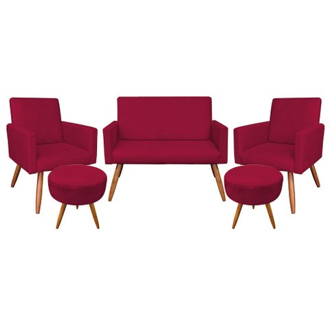 Kit Namoradeira 2 Poltronas e 2 Puffs Redondo Nina Suede Vermelho Pés Palito Castanho - Pallazio