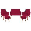Ver imagem 1 de Kit Namoradeira 2 Poltronas e 2 Puffs Redondo Nina Suede Vermelho Pés Palito Castanho - Pallazio