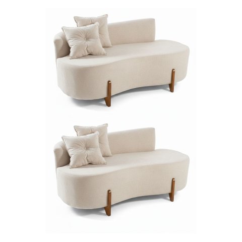 Kit 02 Sofá Orgânico 2 Lugares C/2 Almofadas Curvo Sala Recepção Luna Boucle Off White Pés de Madeir