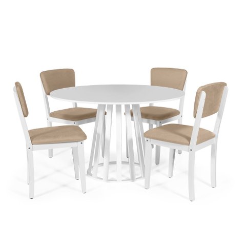 Mesa de Jantar Redonda Gabi Branca com 4 Cadeiras Estofadas Ella Branco/bege