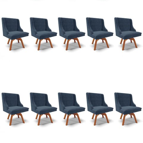 Kit 10 Cadeiras Estofadas Base Giratória de Madeira Lia Suede Azul Marinho - Ibiza