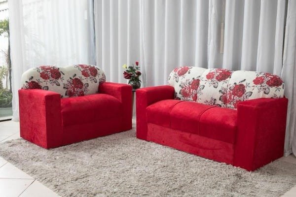 Jogo de sofá 2 e 3 lugares xaropinho tecido suede vermelho floral