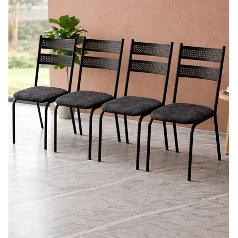 Jogo 4 Cadeiras de Cozinha Life Modelo Industrial Estrutura Firme Estofado Estampado Ramado Preto