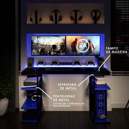 Mesa Gamer Metal e Madeira com Prateleiras Azul e Preta - 1