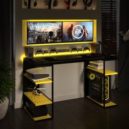 Mesa Gamer Metal e Madeira com Prateleiras Amarela e Preta - 2