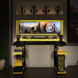 Mesa Gamer Metal e Madeira com Prateleiras Amarela e Preta - 1