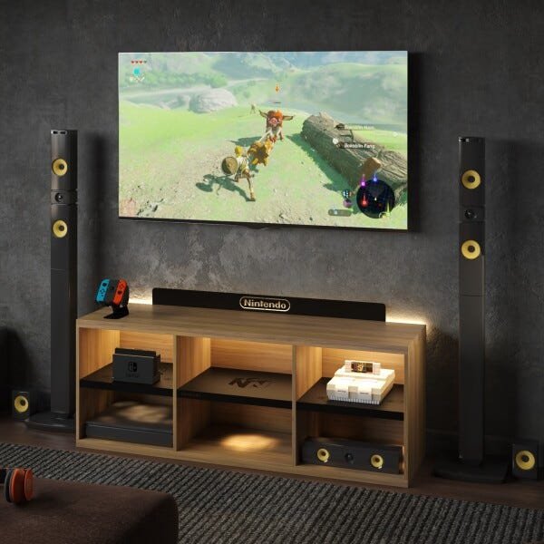 Rack Bancada Gamer Geek Madeira Nintendo com LED Incluso | MadeiraMadeira