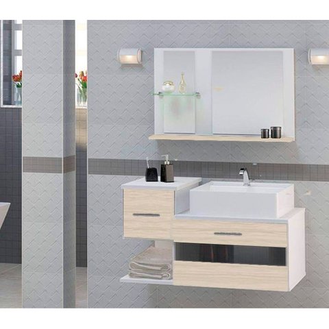 Kit Gabinete Mdf para Banheiro com Cuba e Espelheira 65cm:branco/madeirado
