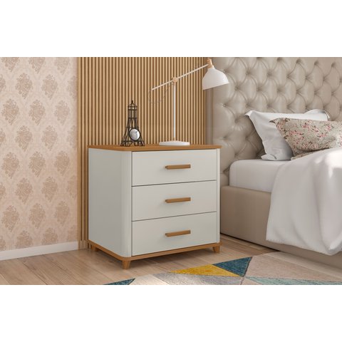 Mesa de Cabeceira 3 Gavetas Mini Cômoda Maitê Nature com Off White - Potenza